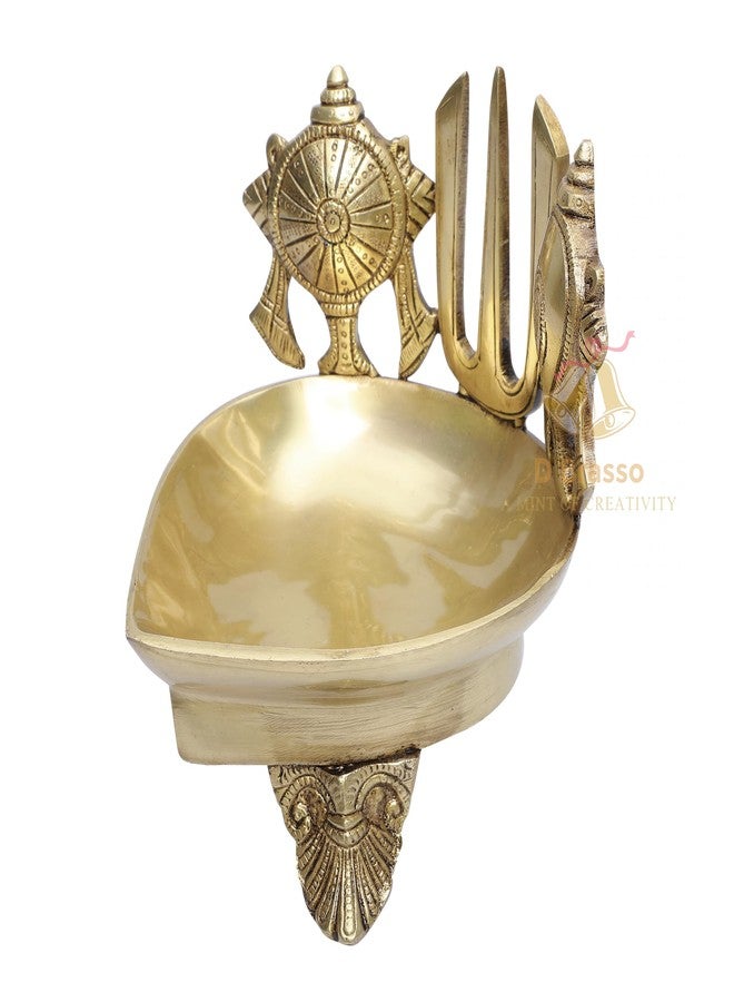 D Brasso Brass Shankh Chakra Namah Design Diya على الأرجل المنحوتة، زيت الديبام لبوجا، شانكا جادا بادما (قياسي، 1.75 كجم، عبوة من قطعة واحدة). - Image 3